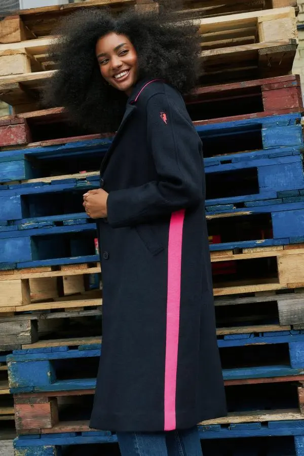 Navy with Neon Pink Wool Blend Coat