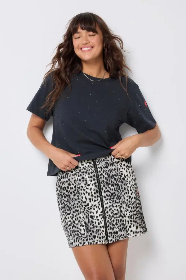 Grey Cheetah Zip Front Denim Mini Skirt