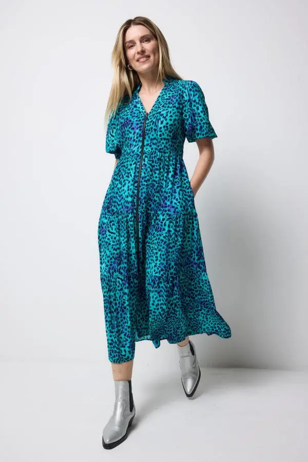 Turquoise with Blue Cheetah Zip Front Midi Tiered Dress