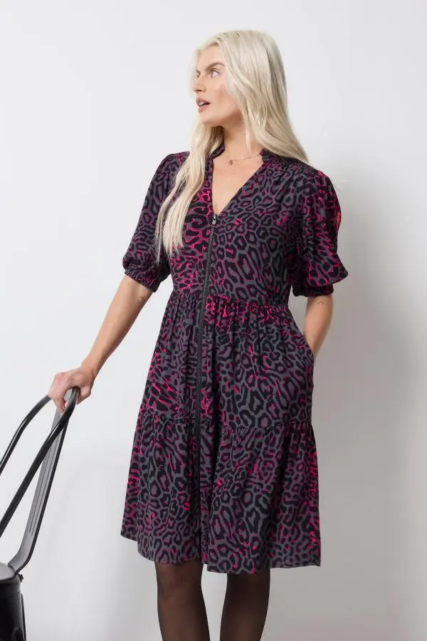 Grey with Pink Leopard Ray Zip Detail Tiered Short Dress
