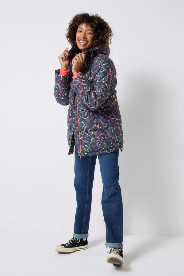 Grey with Rainbow Shadow Leopard Longer Length Puffer Coat