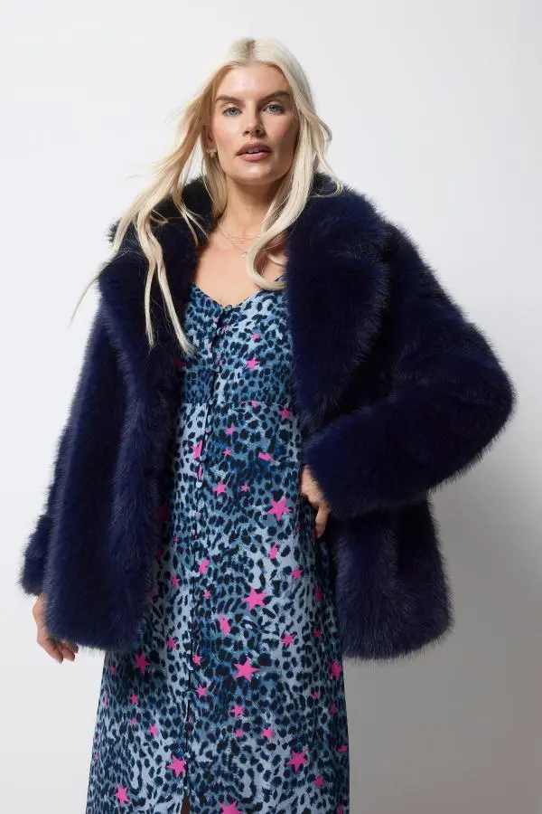 Midnight Blue Faux Fur Coat