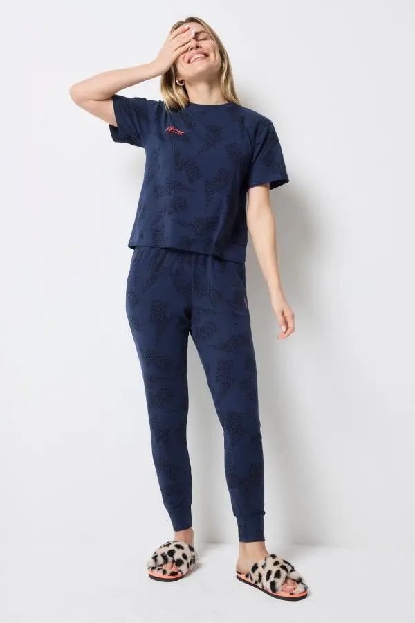 Navy with Black Cheetah and Lightning Bolt Print Pyjamas