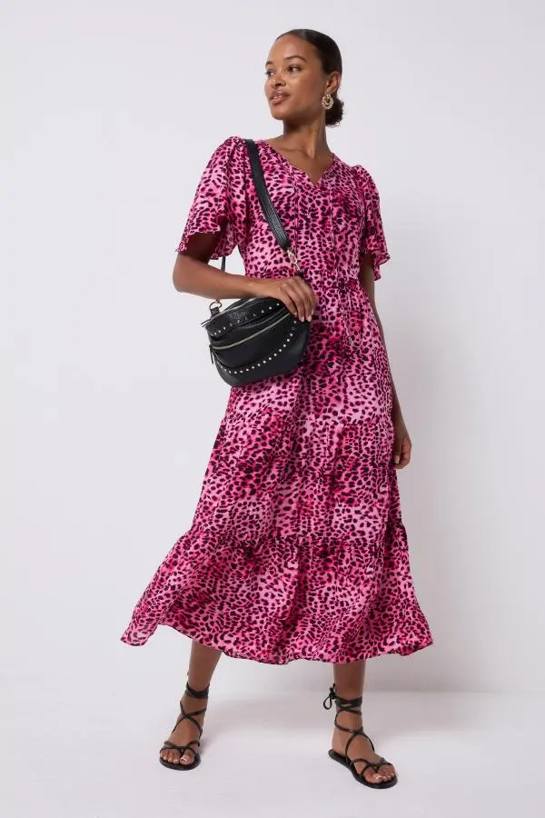 Bright Pink with Black Cheetah Tie Front Maxi Dress