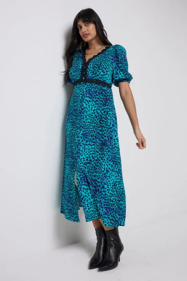 Turquoise with Blue Cheetah Lace Trim Puff Sleeve Midi Tea Dress