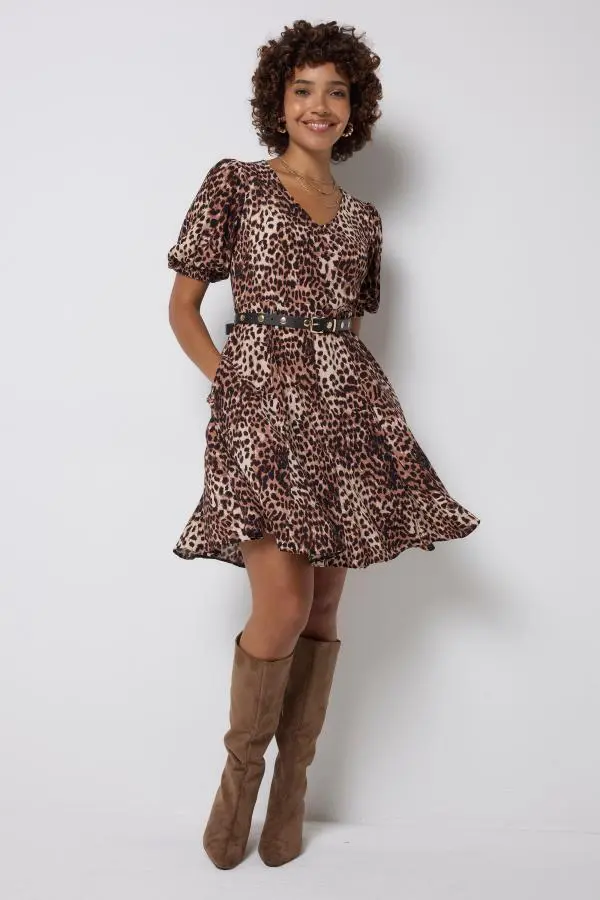 Neutral with Black Cheetah Short Skater Tea Dress