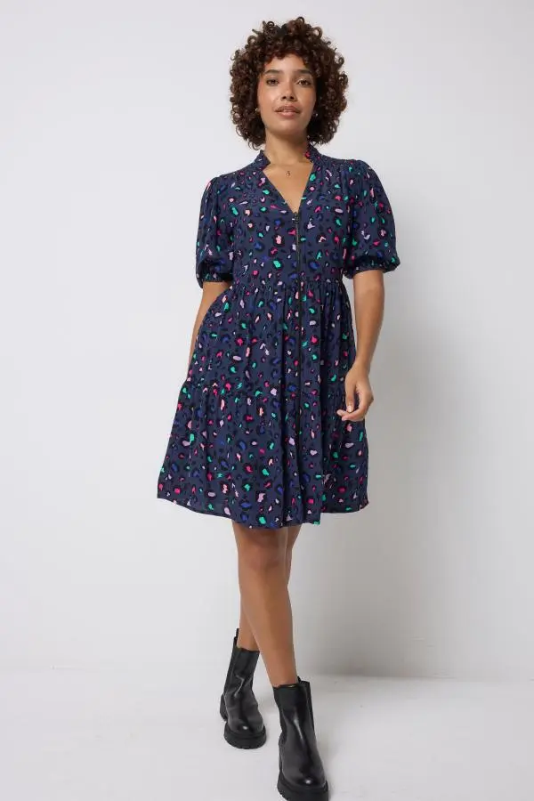 Navy with Rainbow Snow Leopard Zip Detail Tiered Short Dress