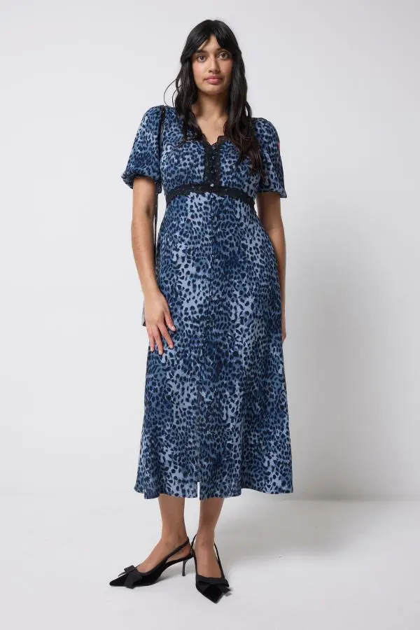 Navy Cheetah Lace Trim Puff Sleeve Midi Tea Dress