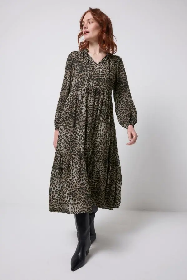 Khaki Cheetah Blouson Sleeve Tie Front Midi Dress