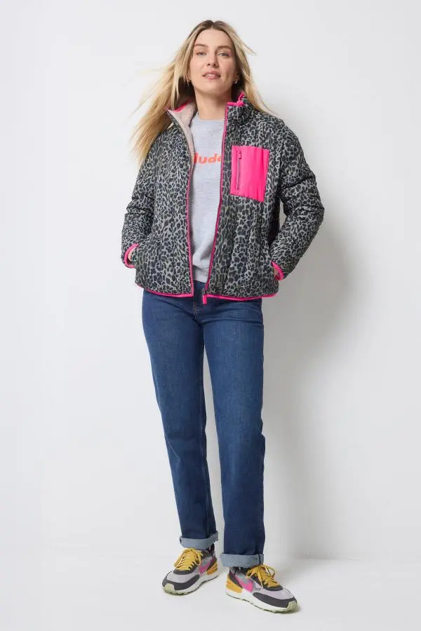 Khaki Wild Leopard Reversible Quilted Borg Coat