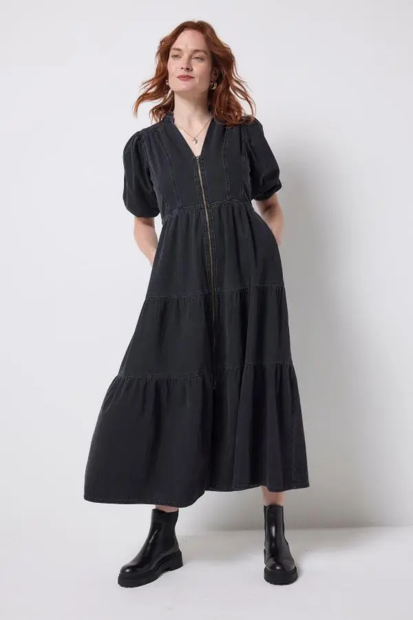 Washed Black Denim Zip Front Midi Tiered Dress
