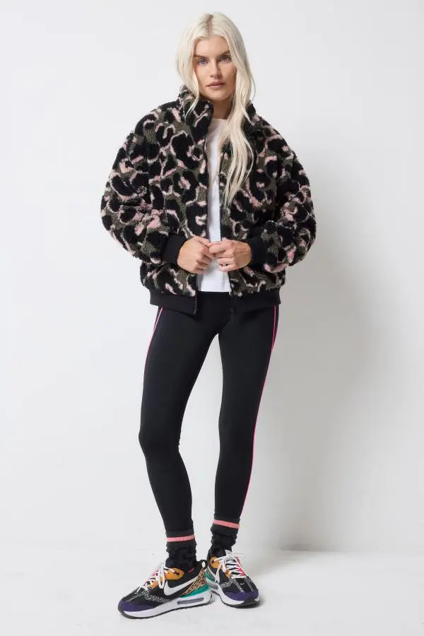 Khaki Leopard Fleece Bomber Jacket