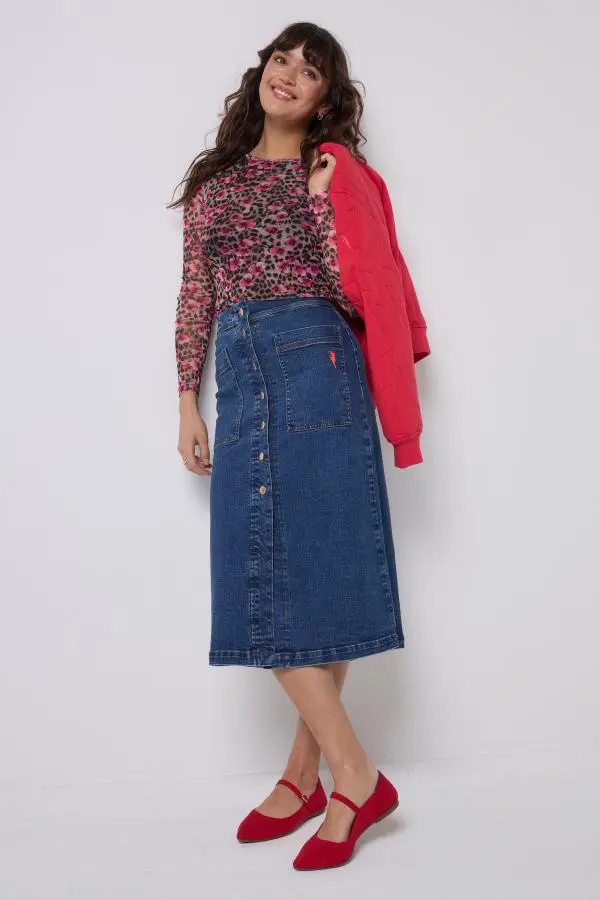 Authentic Indigo Button Front A-Line Denim Midi Skirt