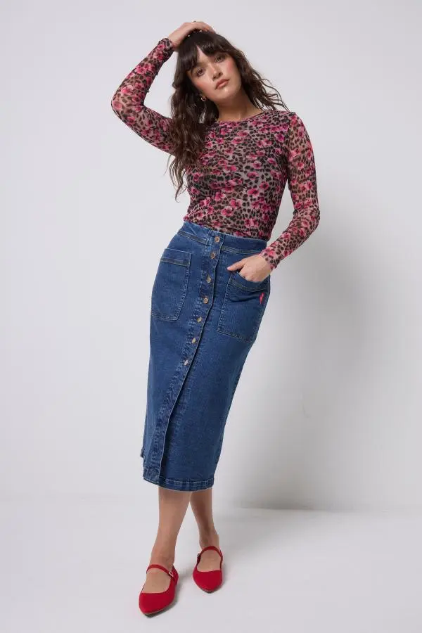 Authentic Indigo Button Front A-Line Denim Midi Skirt