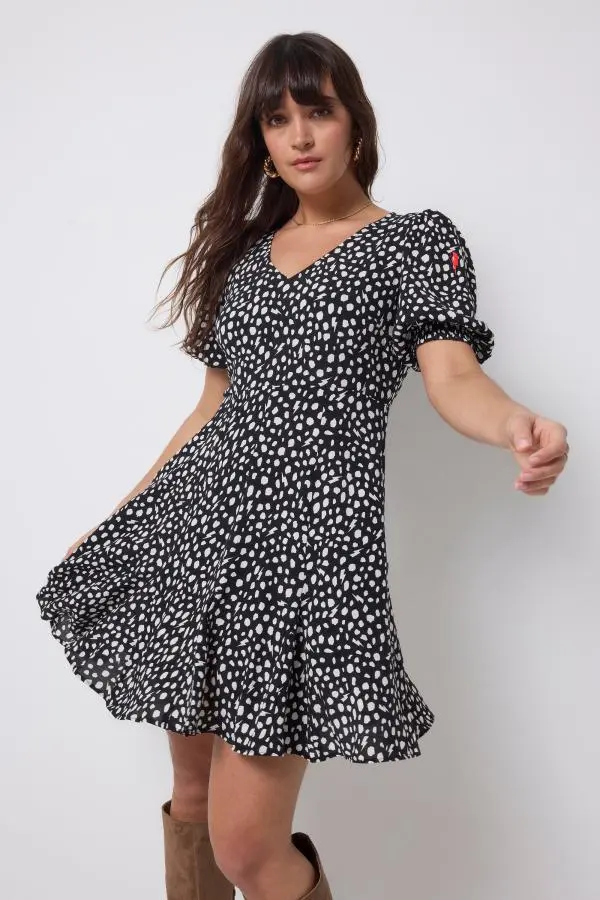 Black with White Cheetah Short Skater Dress