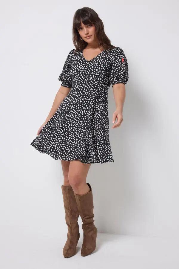 Black with White Cheetah Short Skater Dress