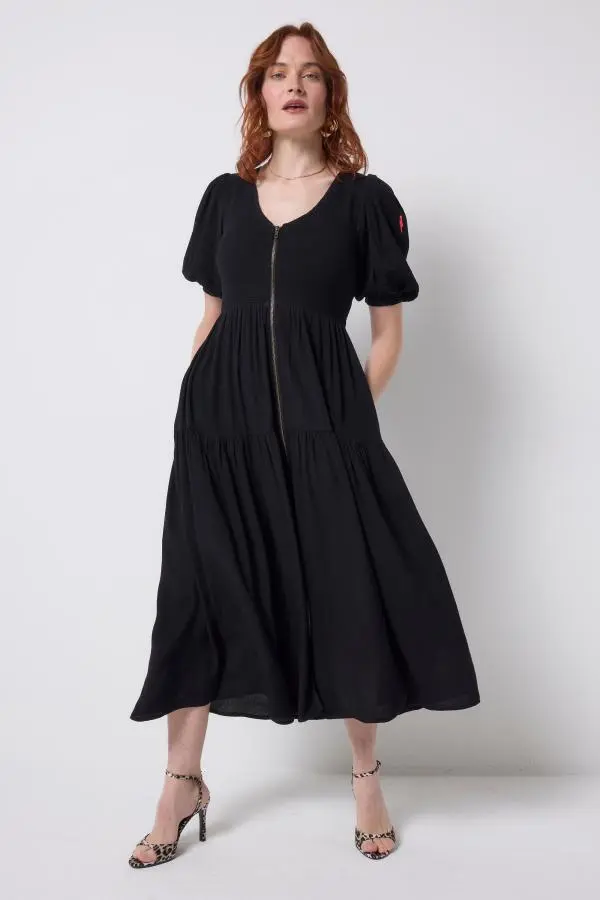 Black Shirred Zip Detail Midi Dress