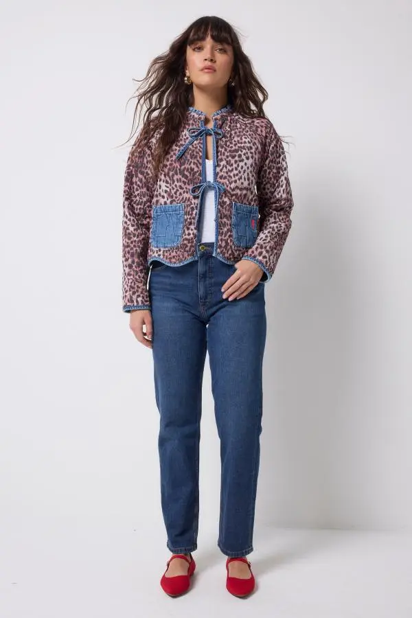 Neutral Cheetah Denim Quilted Reversible Jacket