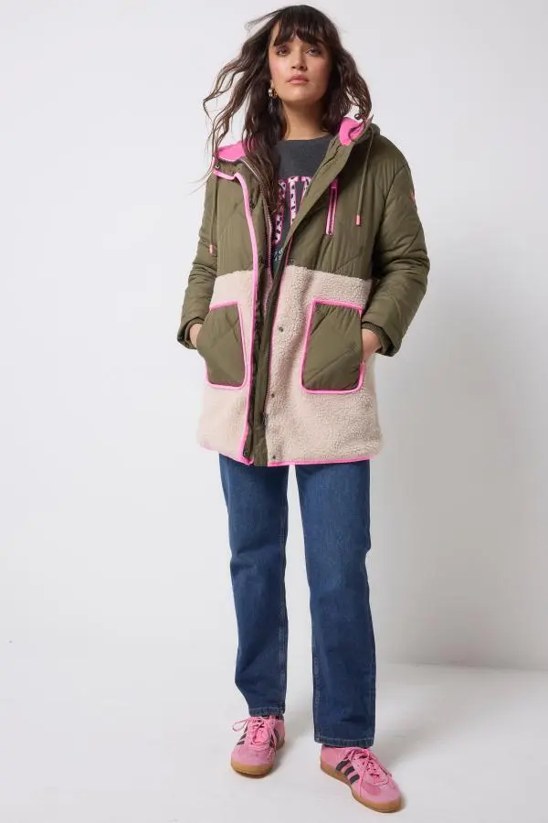 Khaki and Pink Quilted Borg Hooded Coat