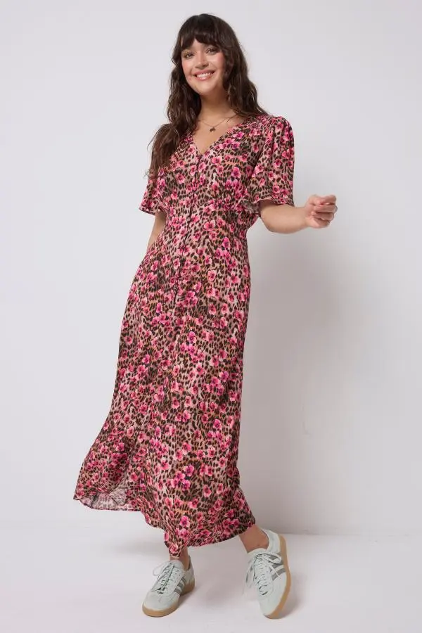 Neutral Paradise Cheetah Angel Sleeve Midi Tea Dress