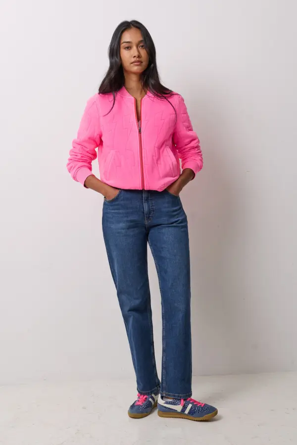 Neon Pink Lightning Bolt Fitted Quilted Bomber Jacket