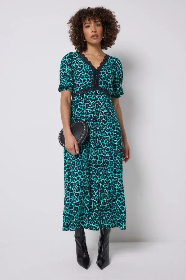 Green Jaguar Lace Trim Puff Sleeve Midi Tea Dress