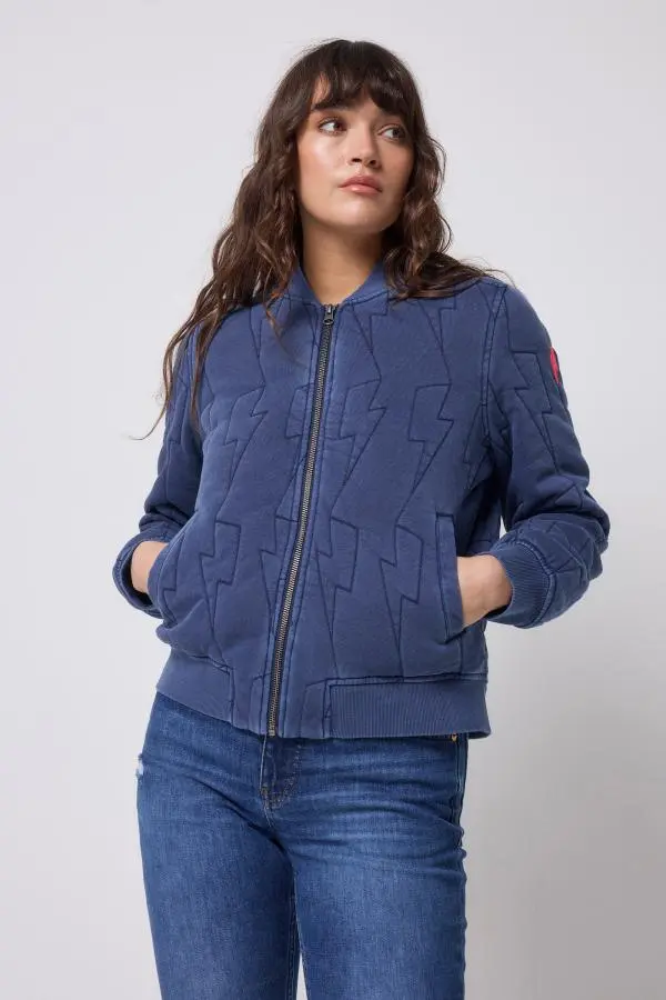 Navy Lightning Bolt Fitted Quilted Bomber Jacket