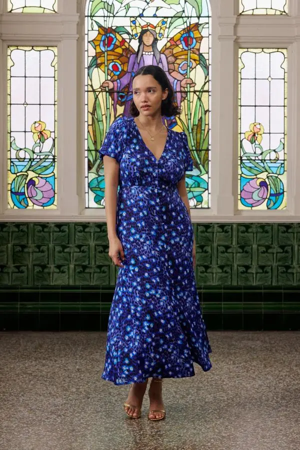 Navy Paradise Cheetah Blouson Sleeve Midi Tea Dress
