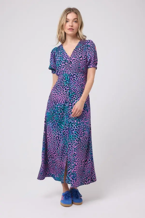Pink with Green Leopard Ray Blouson Sleeve Midi Tea Dress