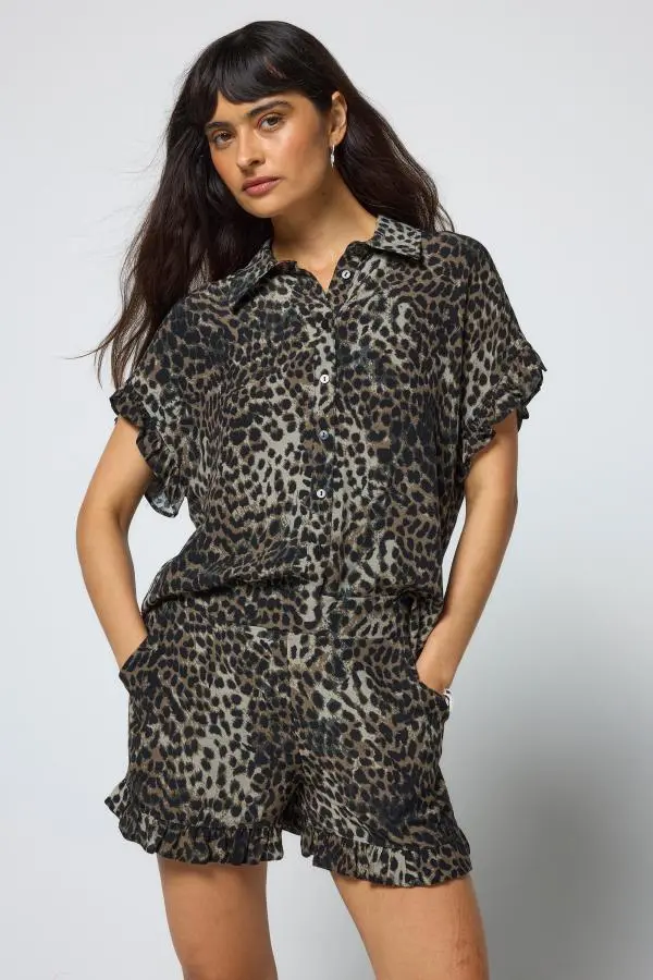 Khaki Cheetah Frill Hem Shorts