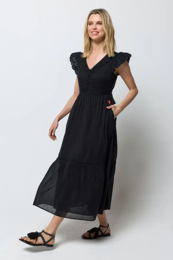 Black Broderie Sleeve Pintuck Midi Dress