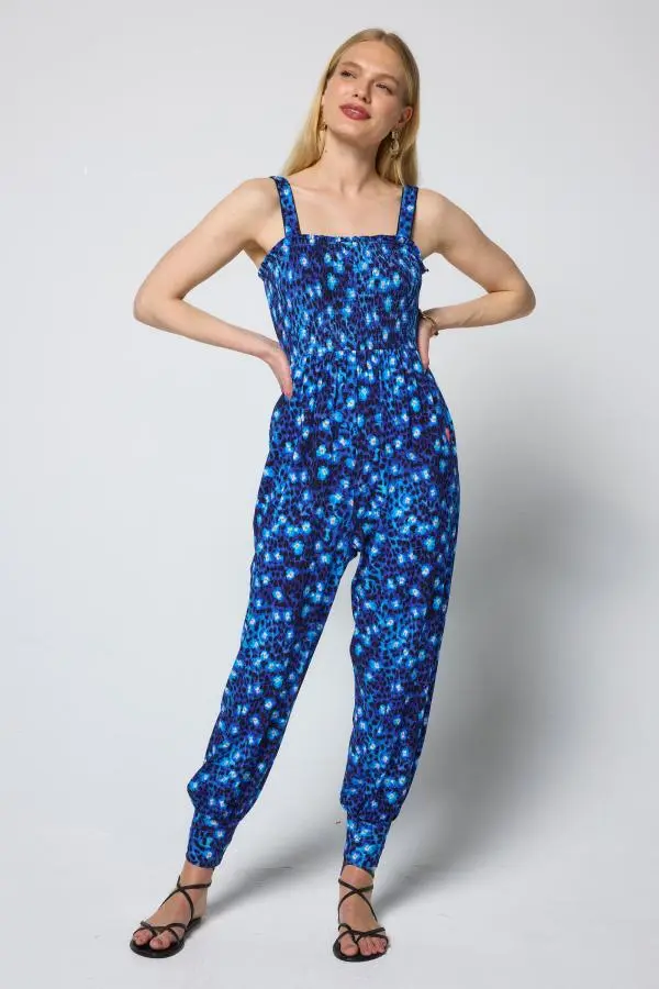 Navy Paradise Cheetah Jersey Jumpsuit