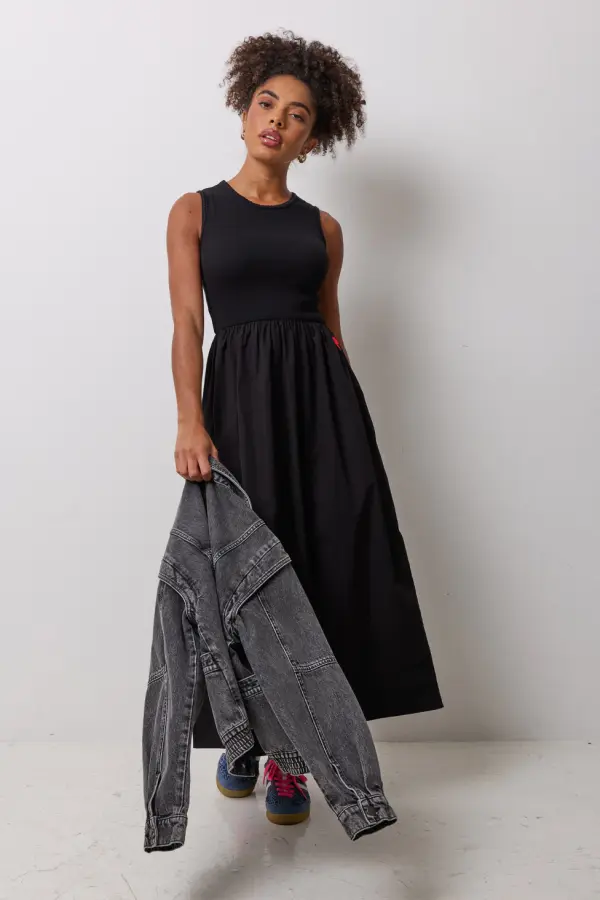 Black Jersey Woven Mix Midi Dress