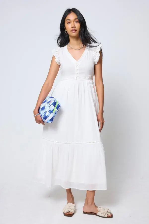 Cream Broderie Sleeve Pintuck Midi Dress