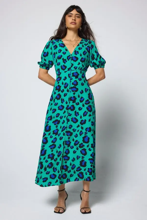 Green with Blue and Black Shadow Leopard Blouson Sleeve Midi Tea Dress
