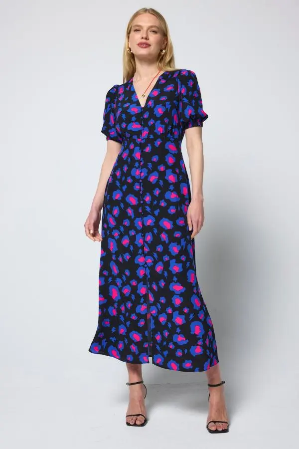 Black with Blue and Pink Shadow Leopard Blouson Sleeve Midi Tea Dress