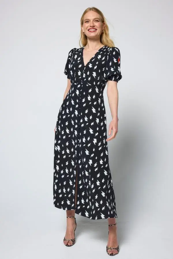 Black with White Lightning Bolt Blouson Sleeve Midi Tea Dress