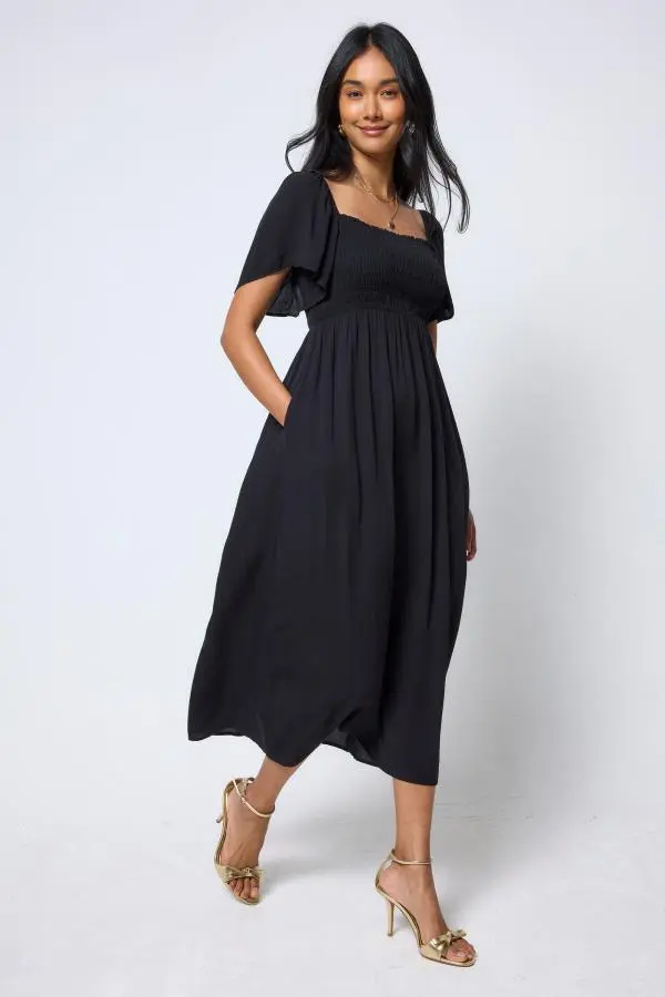 Black Shirred Square Neck Midi Dress