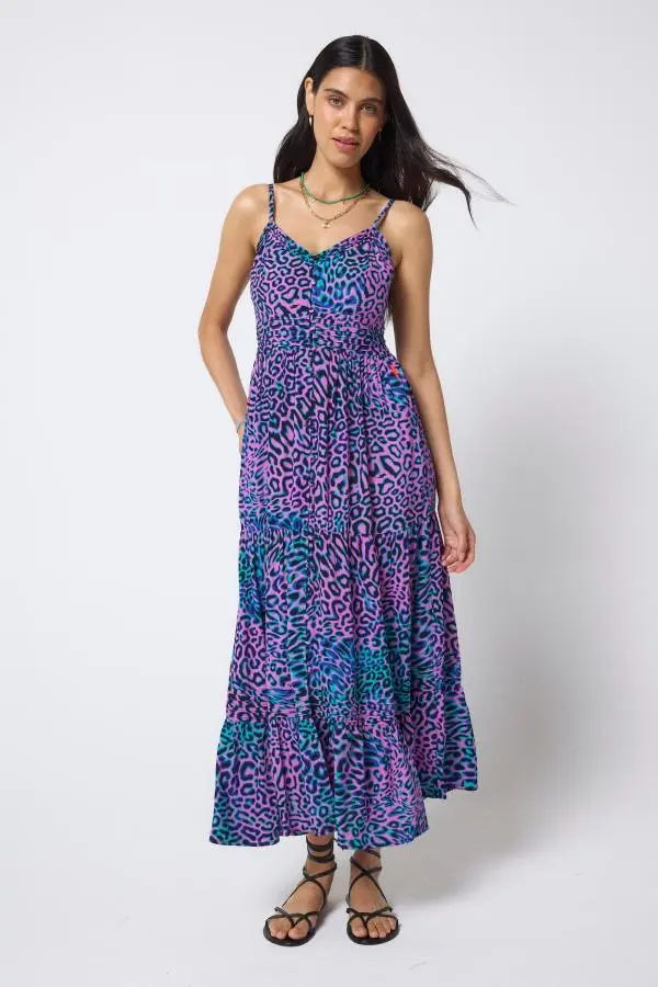 Pink with Green Leopard Ray Pintuck Midi Sundress