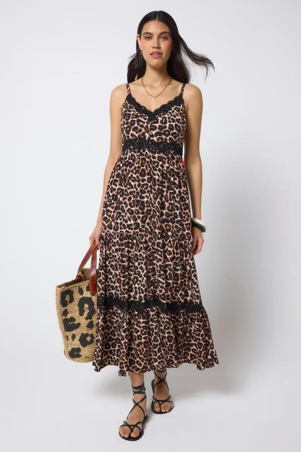 Neutral Jaguar Lace Trim Midi Sundress