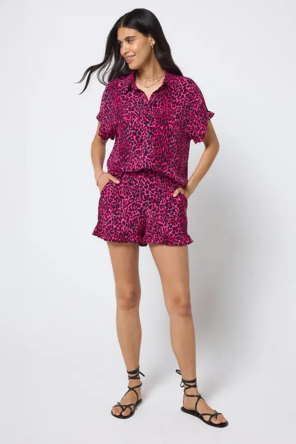 Pink with Black Wild Leopard Frill Hem Shorts