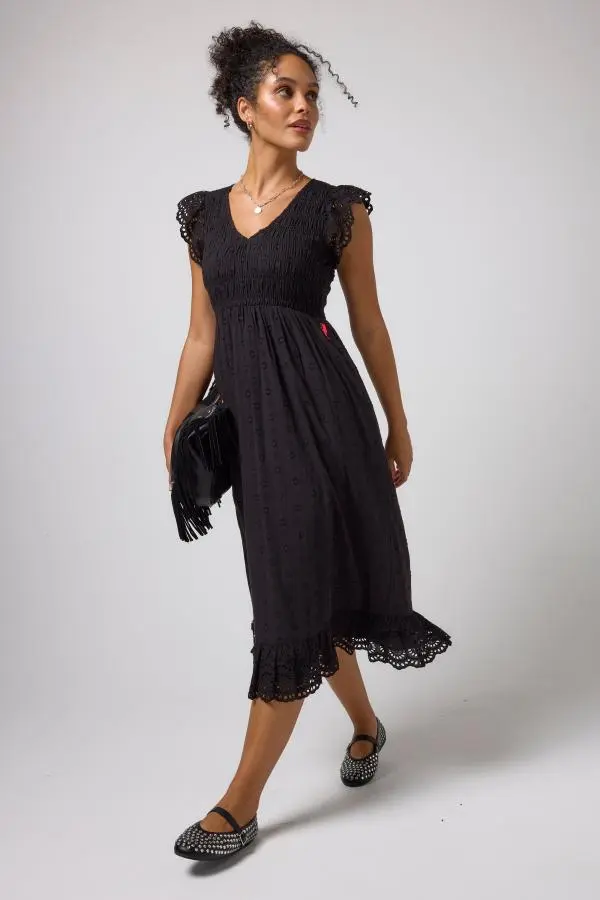 Black Broderie Shirred Midi Dress