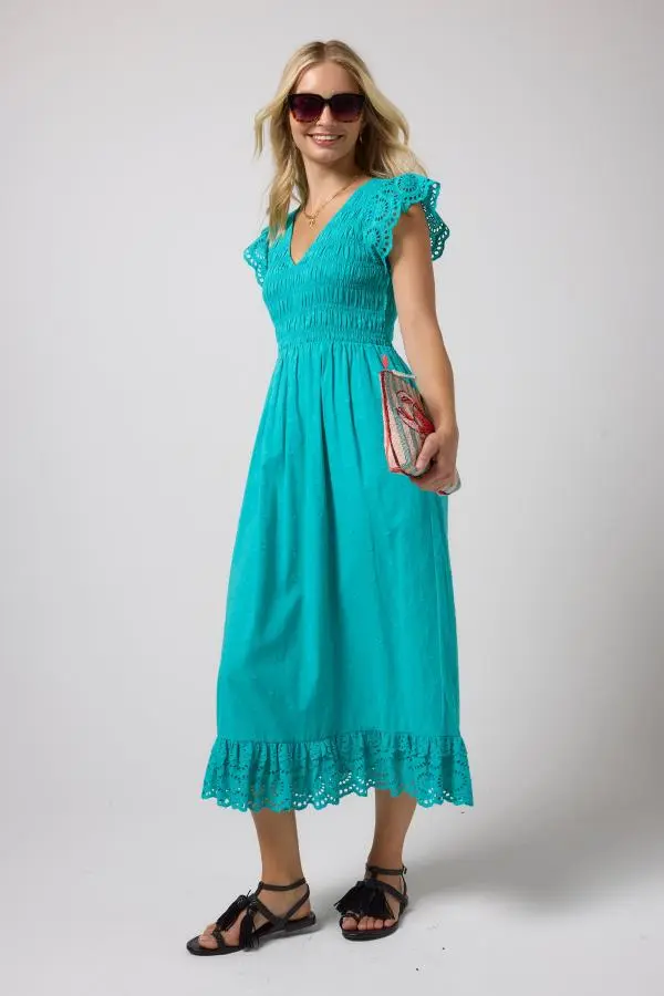 Turquoise Broderie Shirred Midi Dress