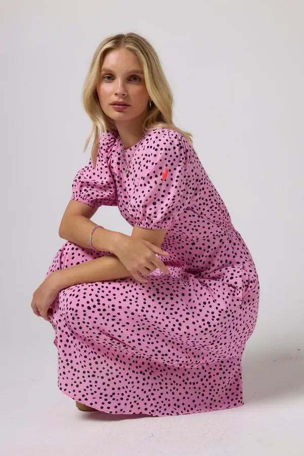 Pink with Black Cheetah Spot Curved Waist Midi Dress