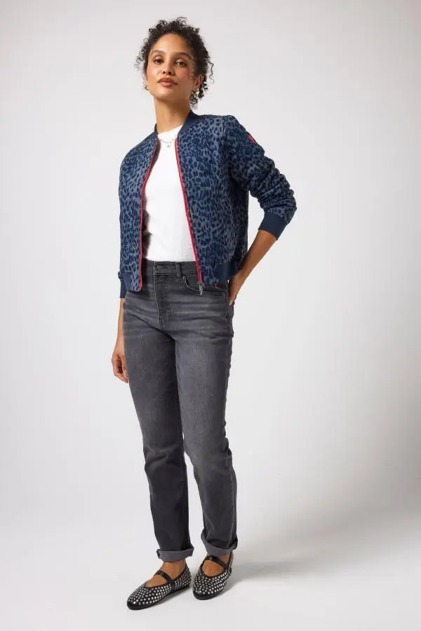 Navy Cheetah Fitted Quilted Bomber Jacket