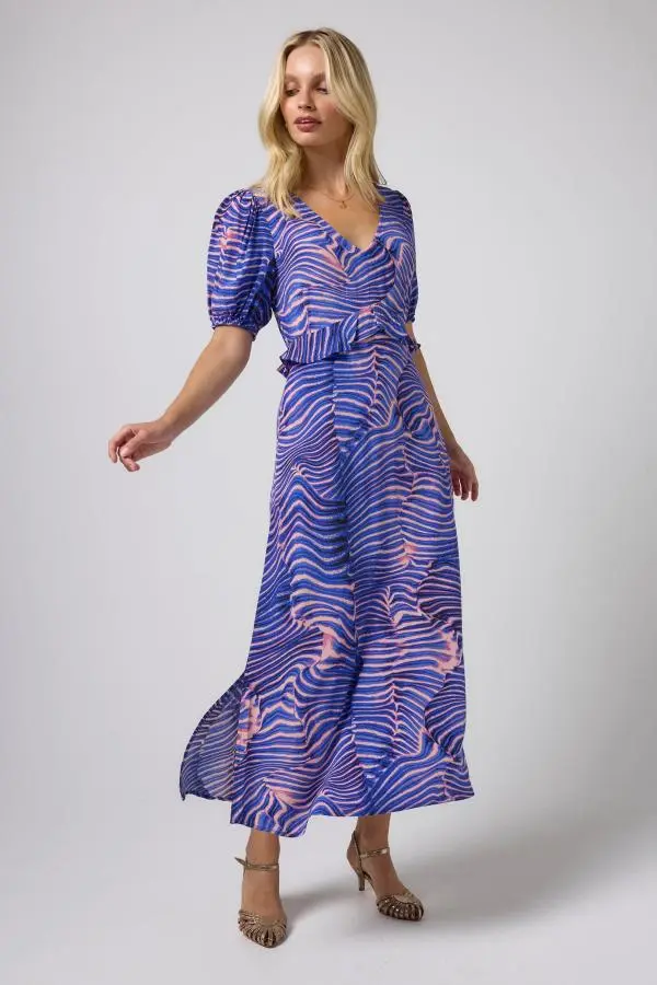 Blue Tiger Moth Ruffle Waist Midi Dress