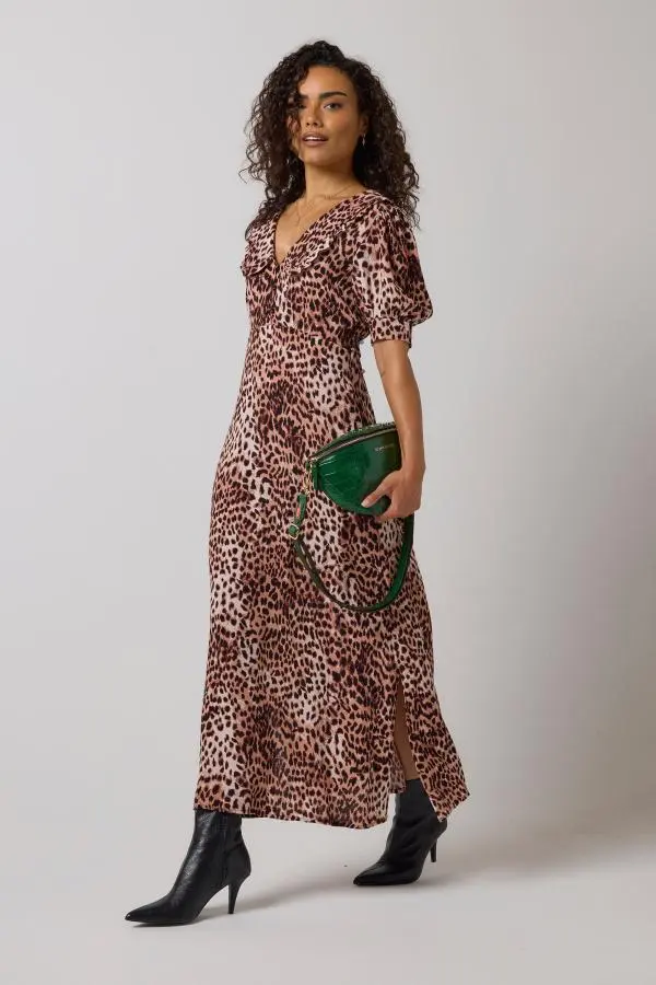 Neutral Cheetah Collared Midi Tea Dress