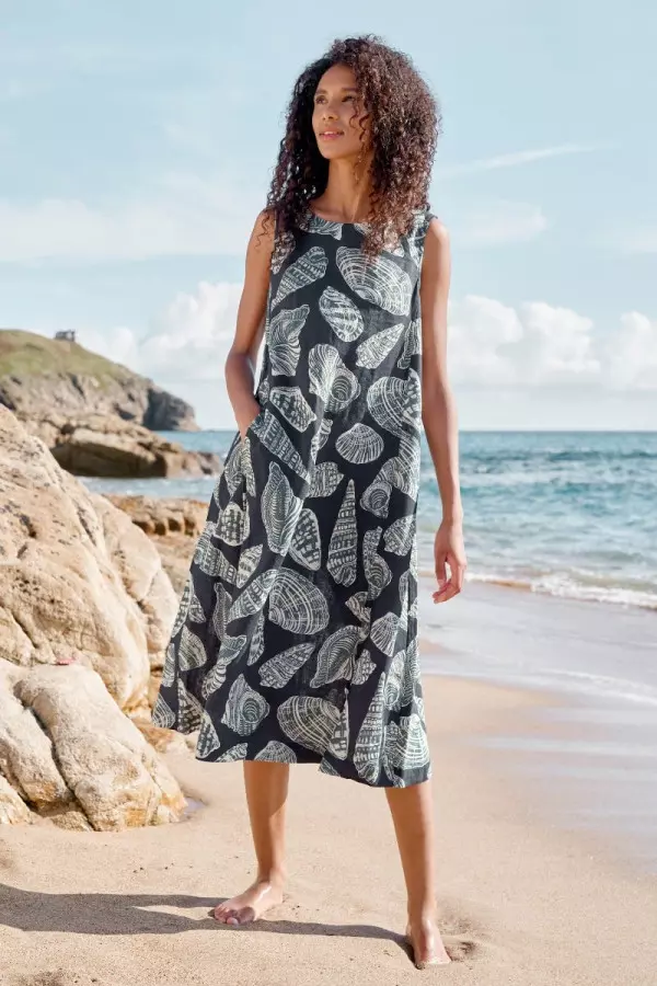 Cresting Waves Sleeveless Linen Dress