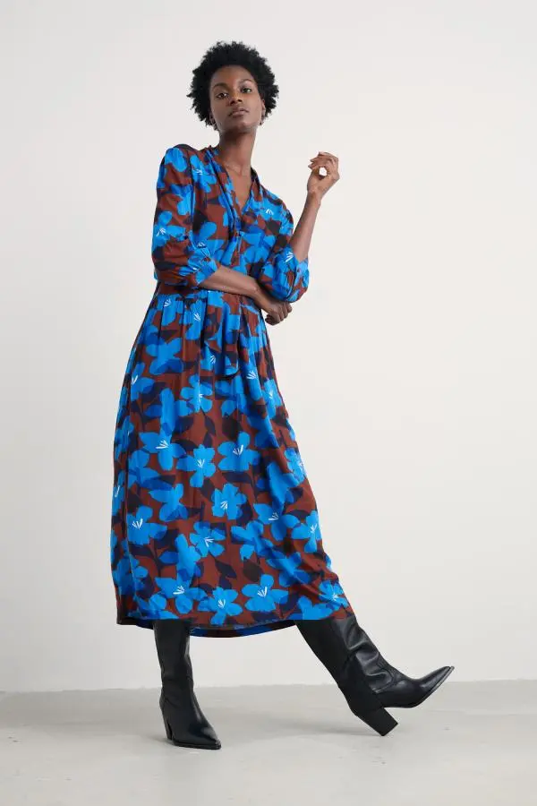 Harbour Cove Printed Tie Neck Midi Dress