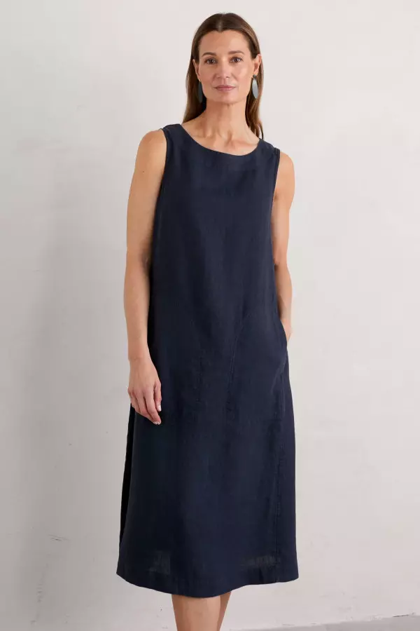 Cresting Waves Sleeveless Linen Dress